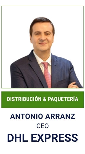 Portrait of Antonio Arranz, CEO of DHL Express, in a navy suit and pink tie, with a green 'Distribución & Paquetería' banner above his name.