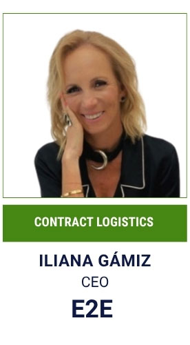 Portrait of Iliana Gámiz, CEO of E2E, smiling in a dark blazer; caption reads 'CONTRACT LOGISTICS'