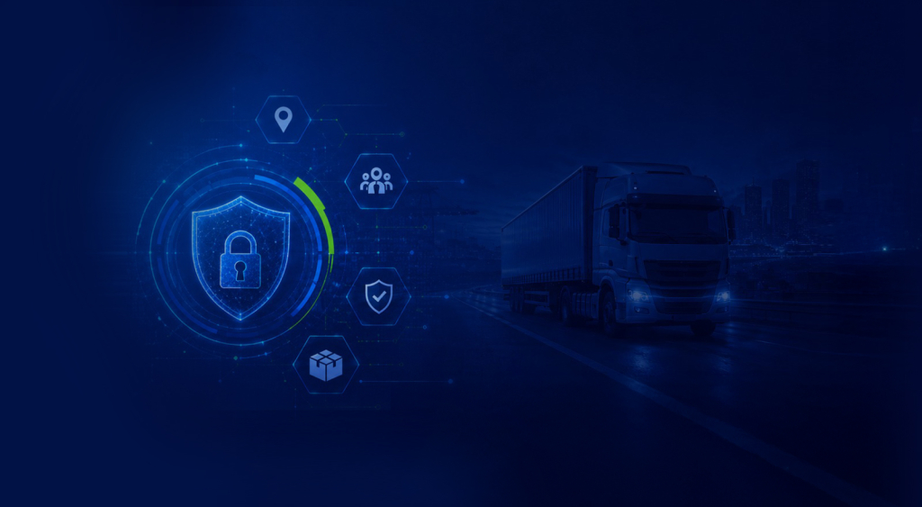 Blue digital shield with a padlock and network icons beside a trucking scene on a dark blue background, signaling secure logistics.