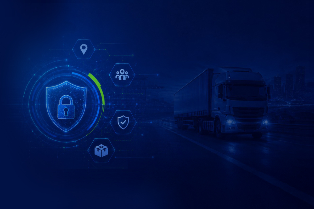 Blue digital shield with a padlock and network icons beside a trucking scene on a dark blue background, signaling secure logistics.