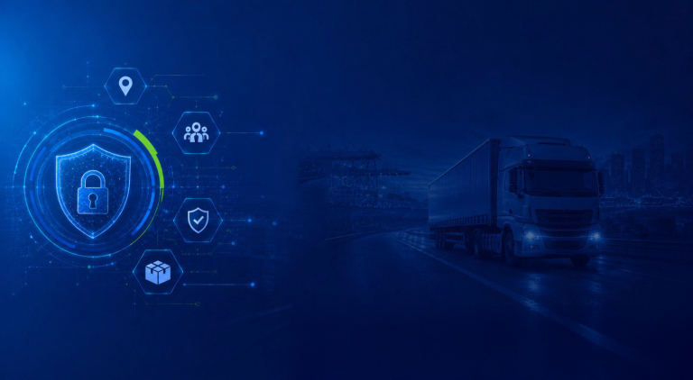 Digital security shield with lock, network icons, and a delivery truck, symbolizing cyber protection in logistics.