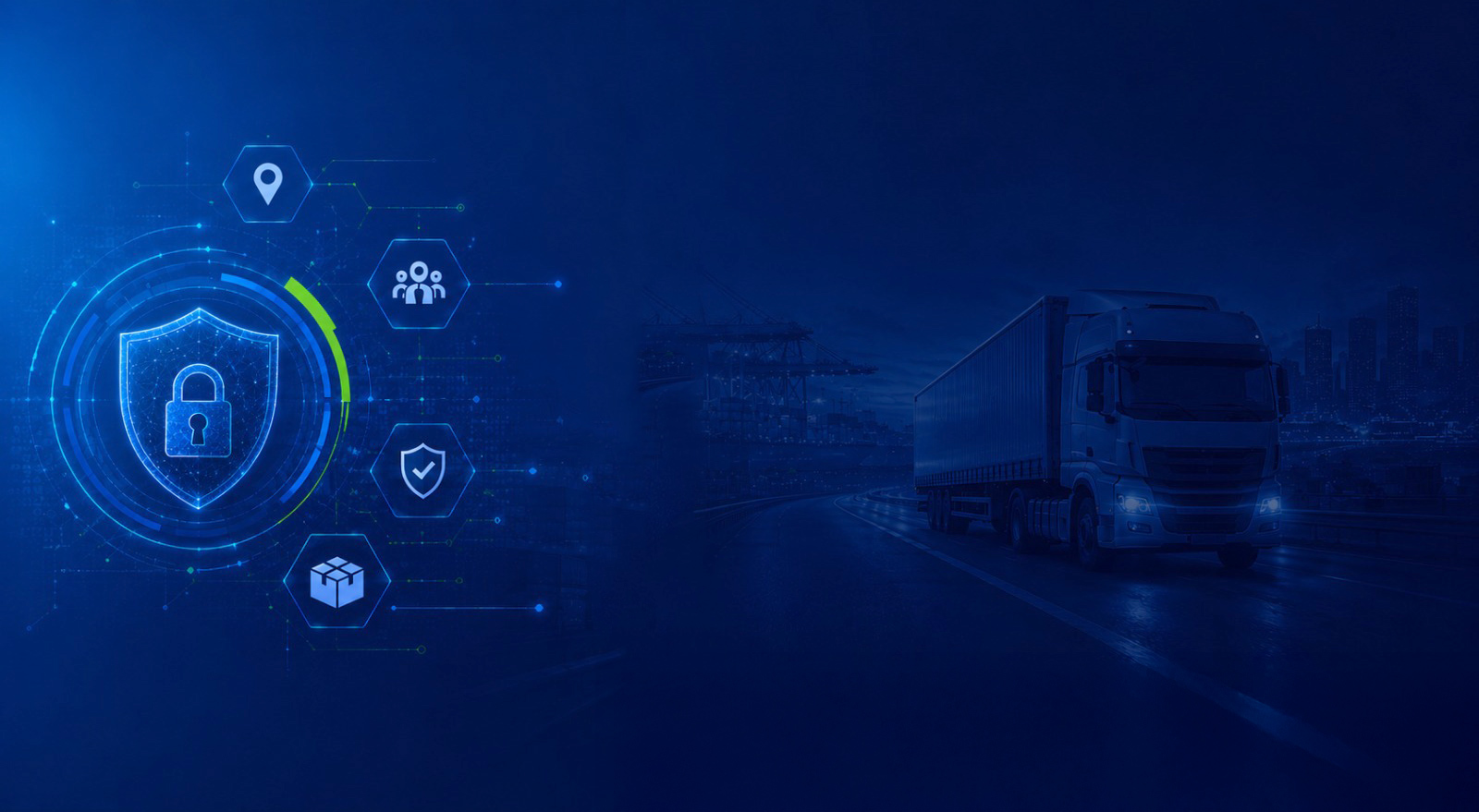 Digital security shield with lock, network icons, and a delivery truck, symbolizing cyber protection in logistics.
