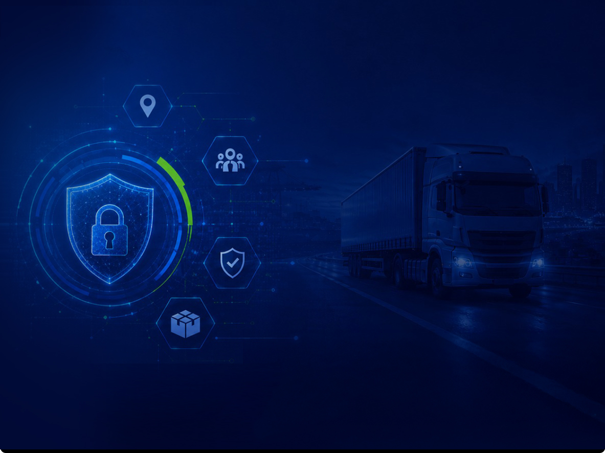 Digital security shield with lock, network icons, and a delivery truck, symbolizing cyber protection in logistics.