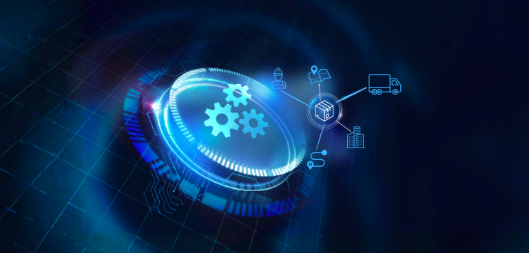 Futuristic blue tech illustration with interconnected gears and supply‑chain icons linked to a central cube.